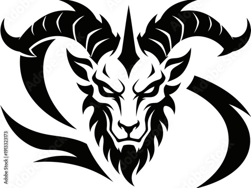 Illustration of a Black Dragon Head with Horns and Beard from a Front View