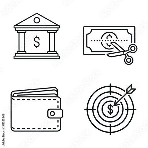 Personal finance and banking icons set, budget planning outlines, monetary goal achievement, wealth management, and investment savings vector symbols.