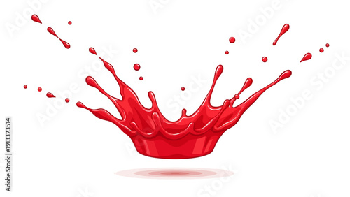Bright red liquid splash frozen midair with droplets scattered on a white background