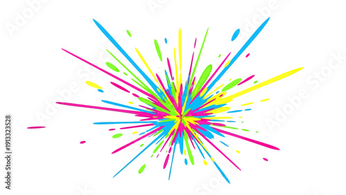 Bright neoncolored paint splatter explosion radiating from a central point on white background