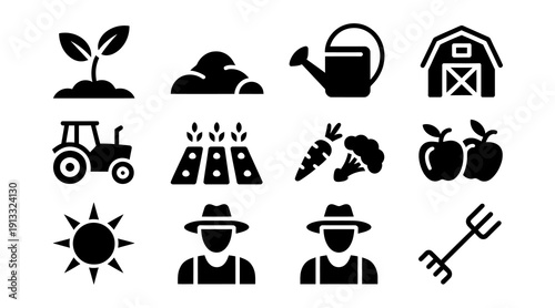 Farming and Agriculture Icons Set - Black Silhouettes. A comprehensive set of black silhouette icons depicting various elements of farming, agriculture, and gardening.