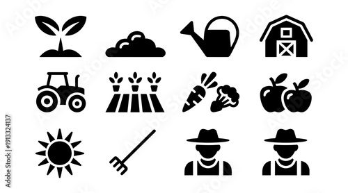 Farming and Agriculture Icons Set - Black Silhouettes. A comprehensive set of black silhouette icons depicting various elements of farming, agriculture, and gardening.