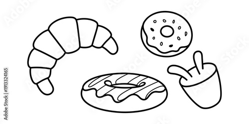 Breakfast and Dessert Doodle Set: Croissant, Donuts, and Churros Line Art. This black and white line art illustration features a delightful collection of breakfast and dessert items.