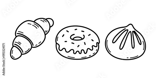 Diverse Food Outline Icons: Croissant, Donut, and Dumpling. A versatile set of three distinct food items illustrated in a clean, black and white line art style.