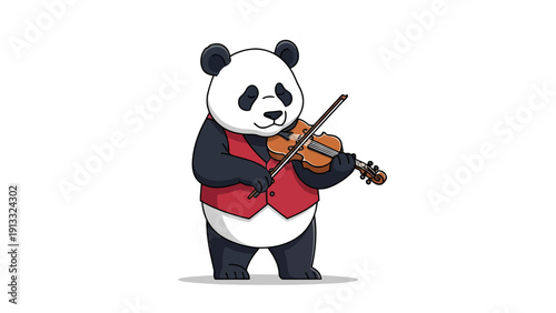 Cartoon panda in a red vest playing a brown violin