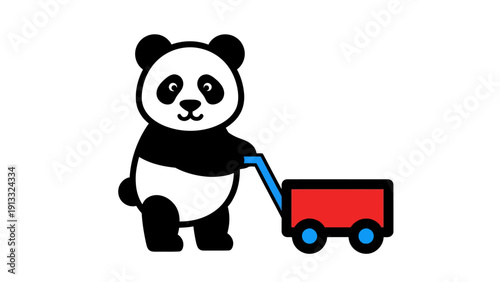 Cartoon panda pushing a small red wagon with blue wheels and handle
