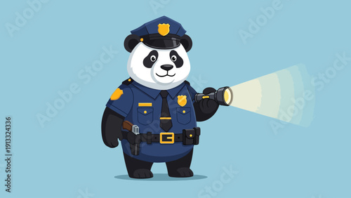 Cartoon panda police officer in uniform holding a shining flashlight