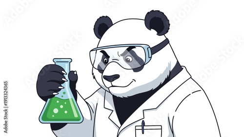 Cartoon panda scientist in lab coat and goggles holding a flask of green liquid
