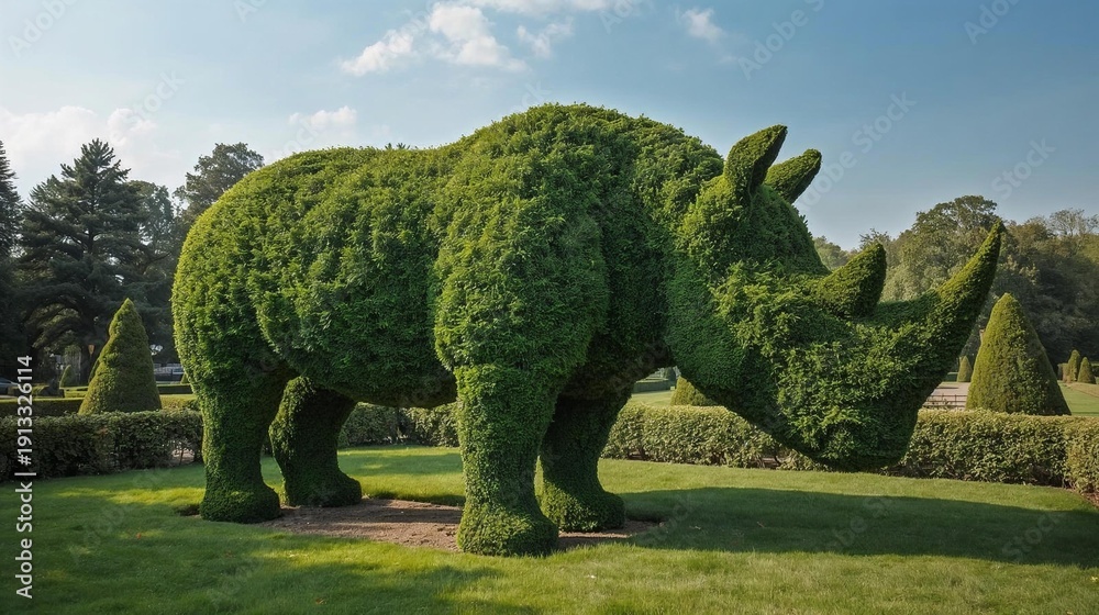 Fototapeta premium 巨大なサイ型トピアリーが佇む美しい庭園風景 Giant Rhinoceros-Shaped Topiary in a Formal Garden （Generative AI）