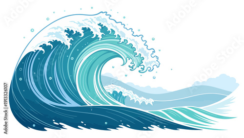 Dynamic ocean wave crashing in turquoise and blue, creating sea spray and foam against a white background, conveying power and nature's beauty.