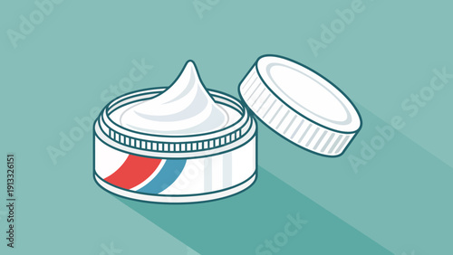 Open jar of white cream with a swirl on top and its lid nearby, suggesting skincare, cosmetics, or medical ointment with a modern, clean design.