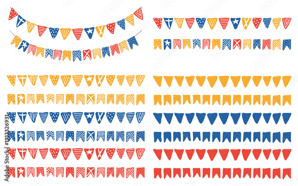 Fototapeta premium Swallowtail, triangular flags, bunting with different patterns illustration isolated, collection on white. Hand drawn flat vector. Kids nautical print, design element, clip art set, horizontal border