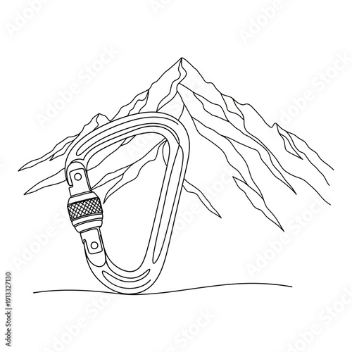 Climbing carabiner with mountain background in outline style. Climbing gear features durable carabiner placed in front of majestic mountain range.