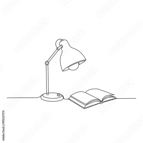 Minimalist desk setup with reading lamp and open book on wooden table. Cozy workspace includes elegant lamp casting light onto pages of book. Concept reading, studying, and productivity.