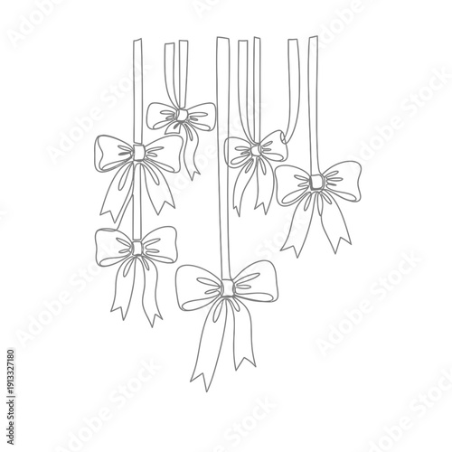 Decorative bows hanging on ribbons with detailed designs for gift wrapping and crafting. These decorative bows add charm to presents and enhance visual appeal for various occasions.