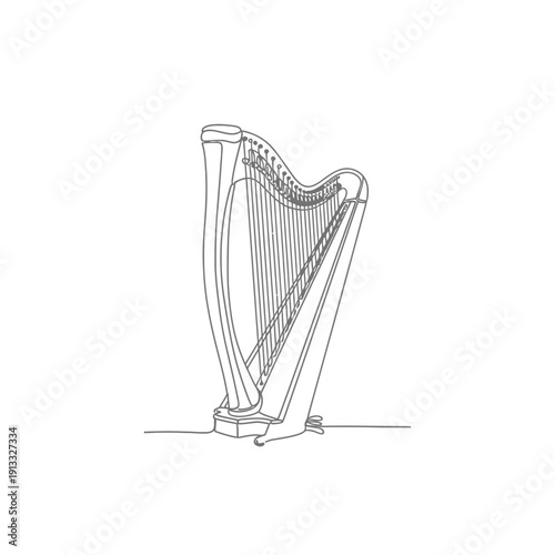 Elegant harp illustration showcasing delicate lines and intricate details of musical instrument design. Harp visual includes ornate structure, pointed strings, and graceful silhouette.