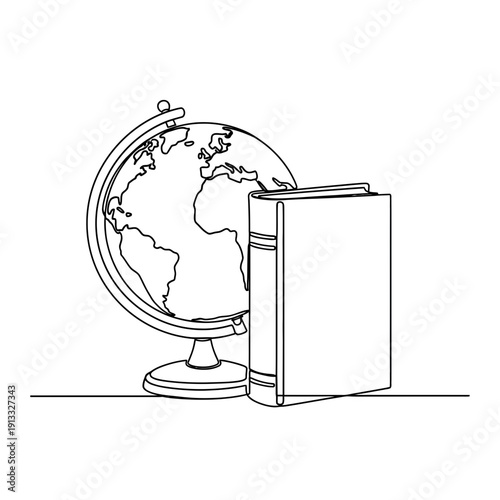Globe and book illustration representing global education and knowledge sharing. Globe showcases world map, while book symbolizes learning and information.