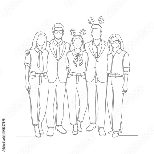 Group of cheerful friends posing together with festive outfits and playful accessories. Group features stylish individuals with glasses and fun headgear for holiday celebrations.