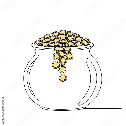 Pot filled with gold coins overflowing on white background creating financial wealth concept. Pot contains shiny coins spilling over edge emphasizing abundance. Concept of investment and prosperity.