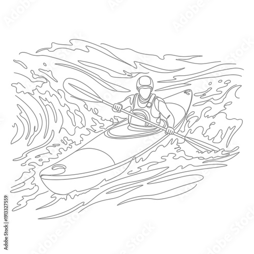 Kayaking adventure in turbulent waters with a determined paddler navigating through rough waves.