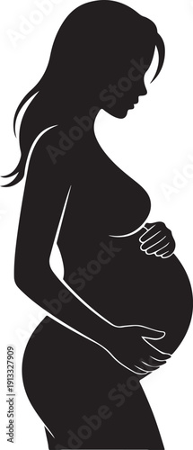 A beautiful black silhouette of a pregnant woman gently holding her expanding baby belly