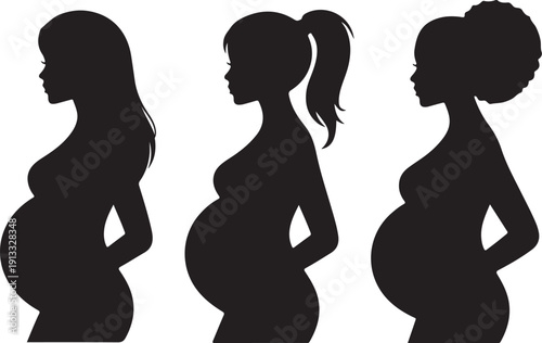 Three distinct pregnant women silhouettes showcasing different hairstyles and profiles standing against a white background
