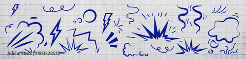 Cartoon line effects icon set. Manga speed elements, movement, burst, sketched motion