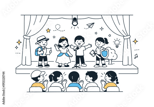 School theater program. A small stage with curtains, students performing while classmates watch attentively. The scene highlights