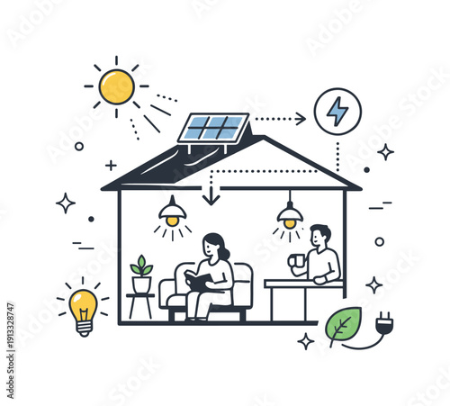 Solar-powered home lighting. A small rooftop solar panel powering LED lights inside the home, subtle sun and electricity icons floating,