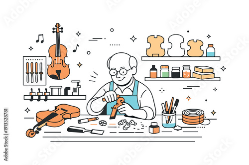 Luthier workshop interior. An editorial scene with a violin maker surrounded by wooden parts, clamps, and tools neatly arranged on shelves