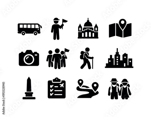 Sightseeing tours. Solid icon set of sightseeing tours: tour bus, tour guide with flag, city landmark, sightseeing map, camera tourist, group