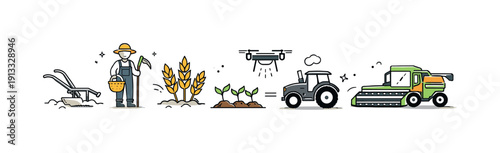 Agricultural evolution. A visual transition from old farming methods to modern practices, with simple icons of plows, crops, and machinery