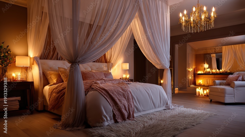 Obraz premium Luxurious Canopy Bed in Romantic Bedroom with Soft Lighting