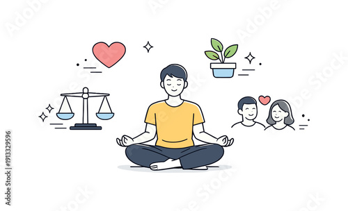 Self-love and relationship growth overview. Calm editorial scene showing a person centered and relaxed, with gentle symbols of heart,