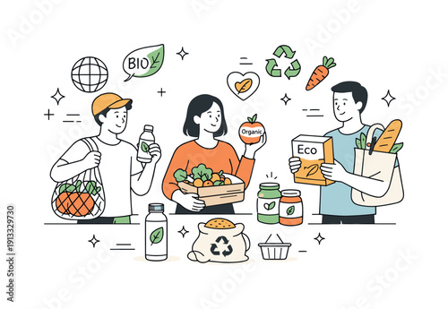 Sustainable food consumption. People selecting organic products with eco labels, reusable bags and minimal packaging. Responsible and modern