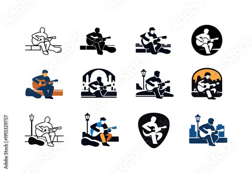 Street musician playing instrument. Icon set. Set Logo of street musician playing instrument: guitarist performing on sidewalk. harmonious