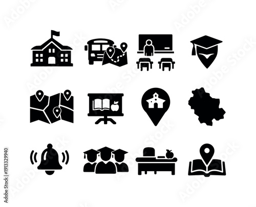 School District Icon Set. School District. Solid icon set of School District: school building, district bus route, classroom icon, academic pin, map with