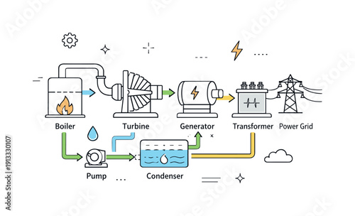 Power plant schematics. A clean technical diagram showing a power plant layout with turbines, generators, and flow lines, conveying