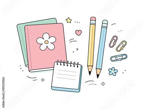 Spring stationery pastel. Soft-colored notebooks, pencils and paper clips arranged with air and balance, evoking a calm and creative mood.