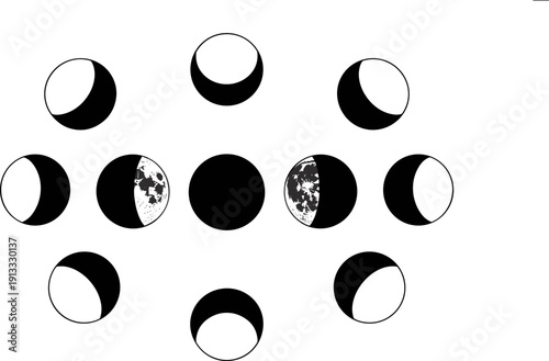Set of black and white vector icons featuring various moon phases including full moon crescent gibbous and lunar cycles for astronomy and science design projects.