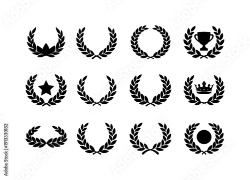 Laurel Wreath Icons. Solid icon set of Laurel Wreath Icons: laurel crown, open wreath, circular laurels, champion symbol, classical award,