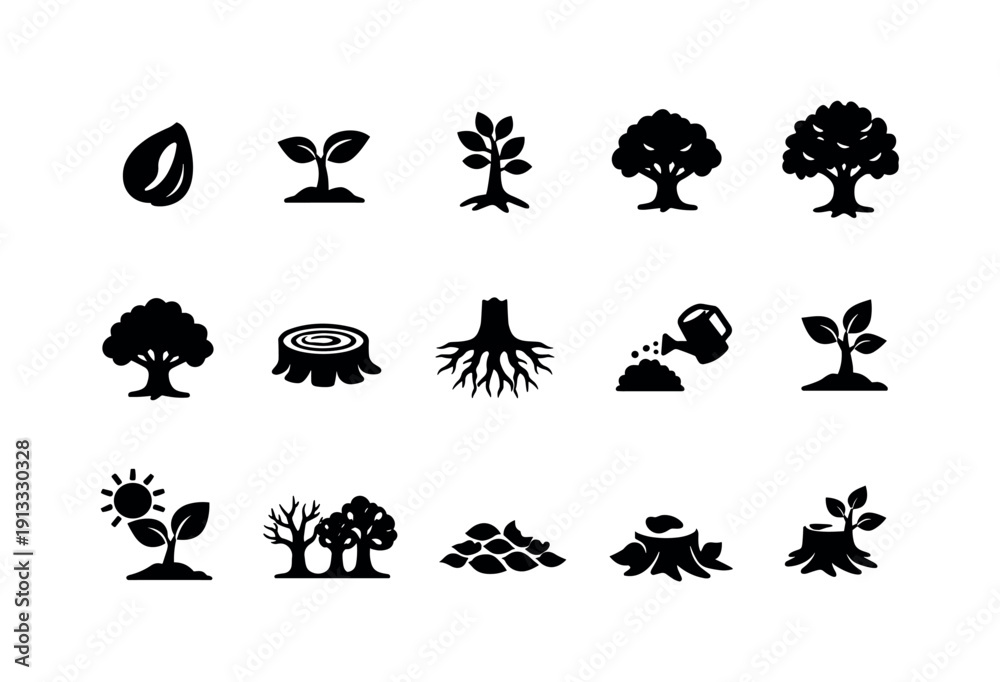 Obraz premium Tree Growth. Solid icon set of Tree Growth: seed, sprout, young tree, growing tree, mature tree, tree rings, roots system, watering tree,