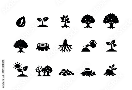 Tree Growth. Solid icon set of Tree Growth: seed, sprout, young tree, growing tree, mature tree, tree rings, roots system, watering tree,