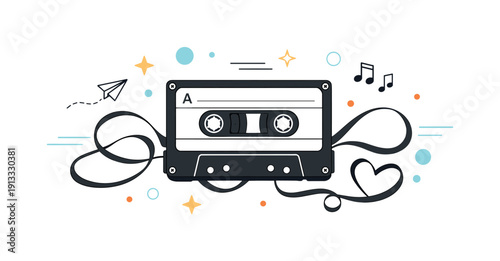 Retro Cassette Artistry. Cassette tape flat lay. A vintage cassette tape centered on a clean background with loose tape forming soft shapes around it, evoking