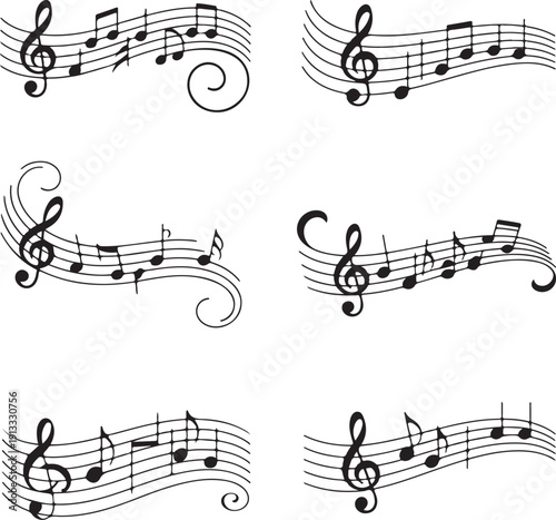 Six distinct examples of flowing musical staff lines with various notes and clefs
