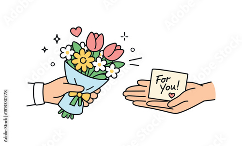 Receiving flowers or a thoughtful gesture. Simple scene of flowers being offered with a handwritten note, focus on hands and gentle movement.