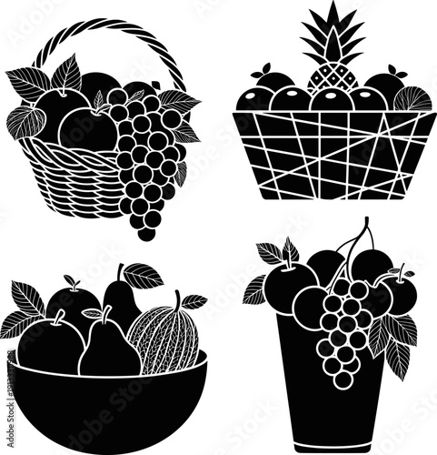 Set of four black silhouettes featuring fruit baskets and bowls filled with apples grapes pineapple pears and melon for healthy food and harvest design.