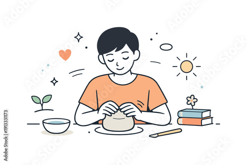 Personal growth through artistic expression. A person shaping clay into a simple form, showing patience and mindfulness. The atmosphere feels