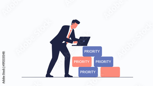 Businessman climbing priority steps with laptop to achieve goals