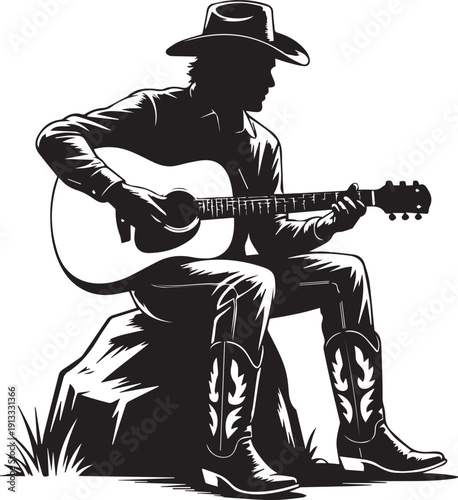 Silhouette of a cowboy wearing a hat and boots playing an acoustic guitar on a rock